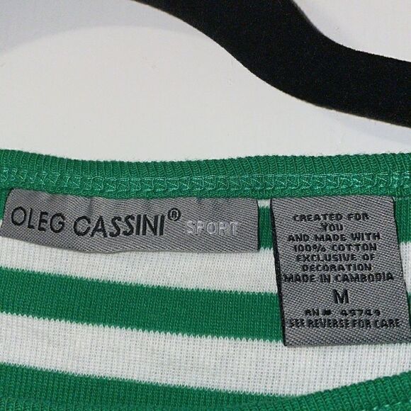 Oleg Cassini Sport green & white stripe 3/4 sleeve boat neck tee size Medium - Picture 4 of 8